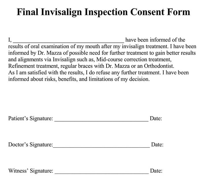 Final Invisalign Inspection Consent Form Sample