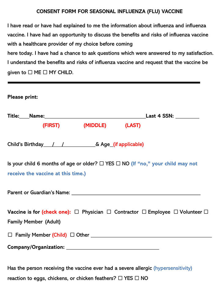 Free Flu Shot (Influenza) Vaccine Consent Forms (Word PDF)