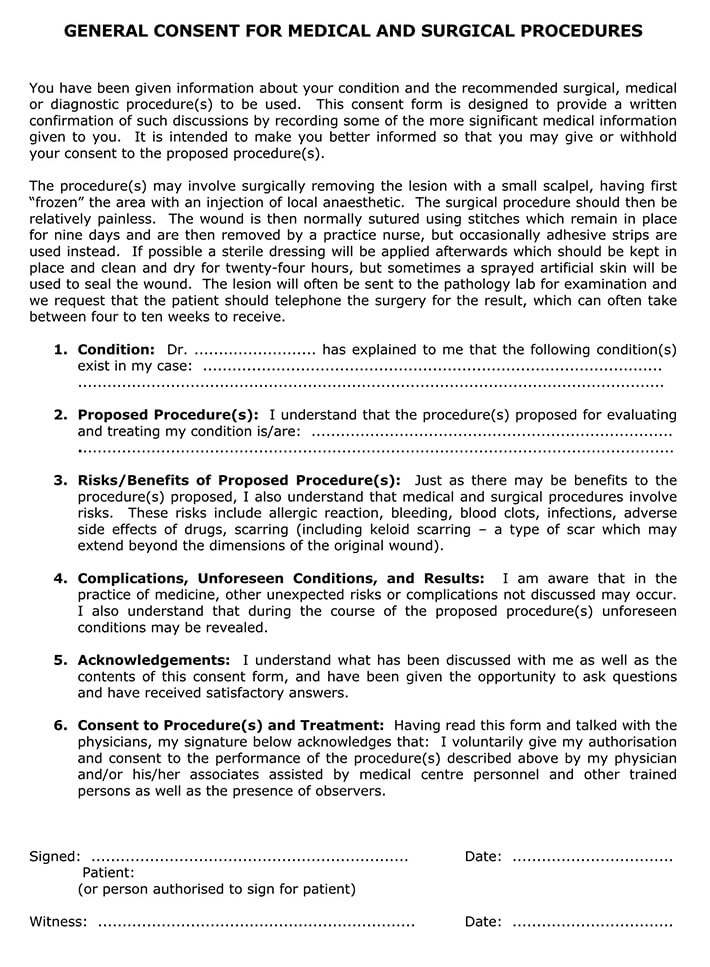 Best Printable General Consent for Medical and Surgical Procedures Form as Pdf File