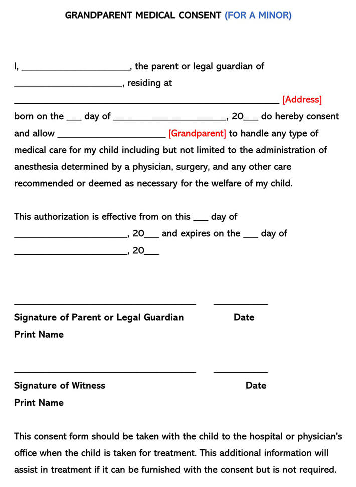 Free Grandparents Medical Consent Form for Minor Child 01 for Word