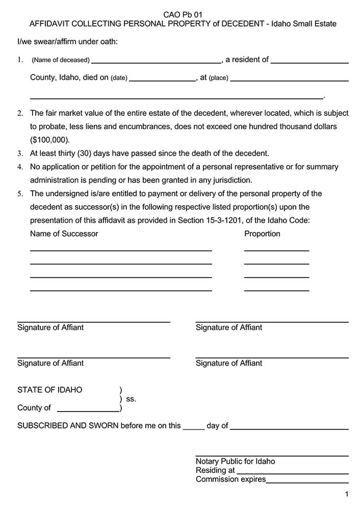 Idaho Small Estate Affidavit Form