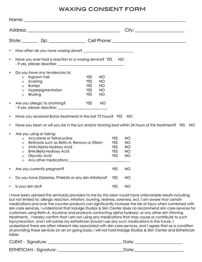 Editable Indulge Waxing Consent Form Template