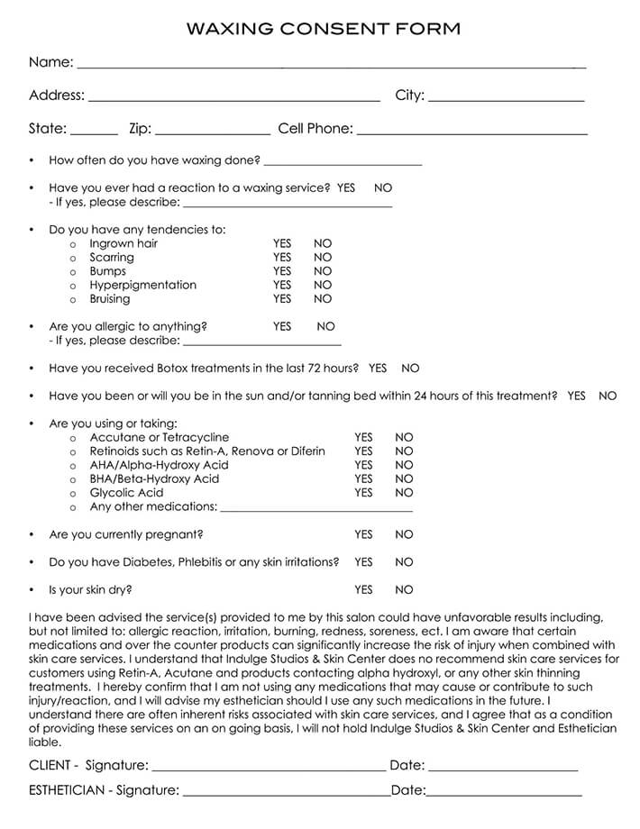 Editable Waxing Consent Form Template 03 for Pdf File