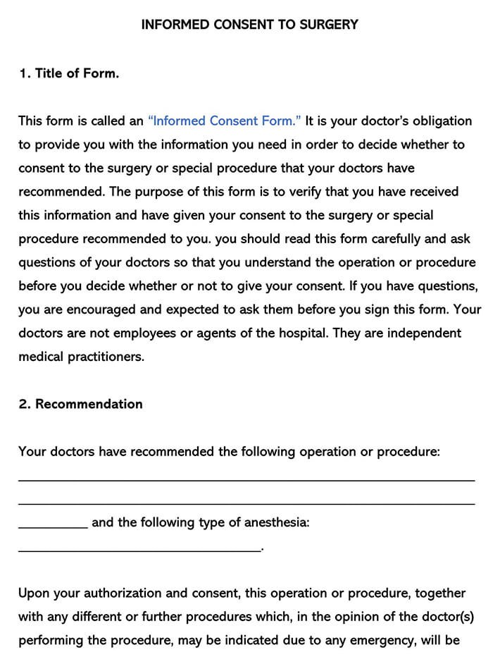 Informed Consent to Surgery Form