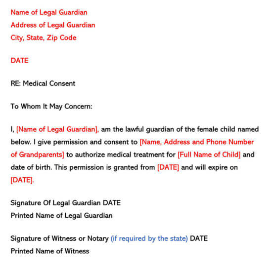 Grandparents Medical Consent Forms Minor (Child) Word PDF