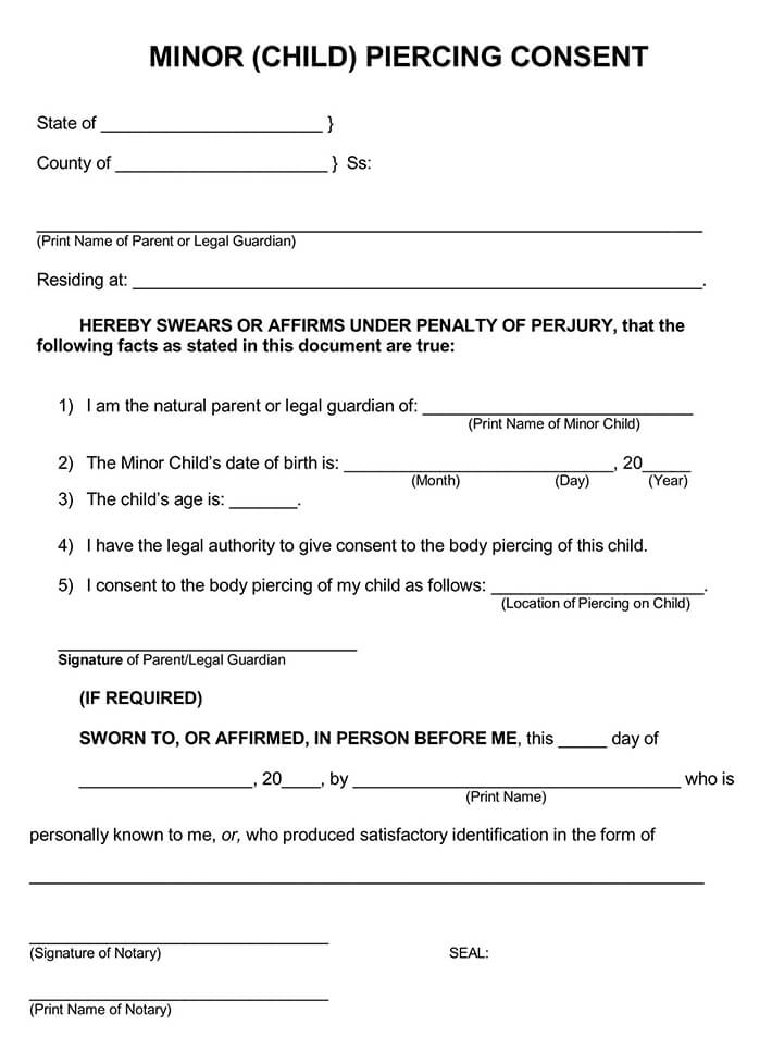 Fillable Minor Child Piercing Consent Form Template