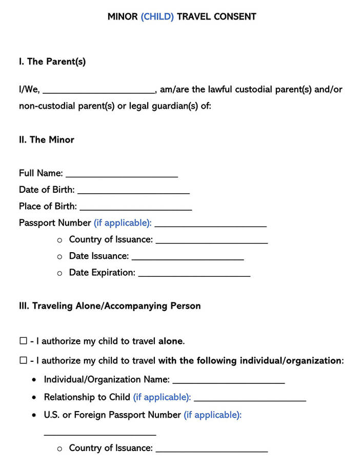 Minor Child Travel Consent Form Template