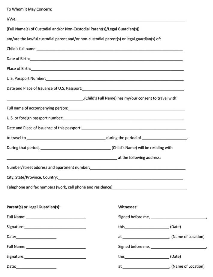 Printable Minor Travel Consent Form for PDF