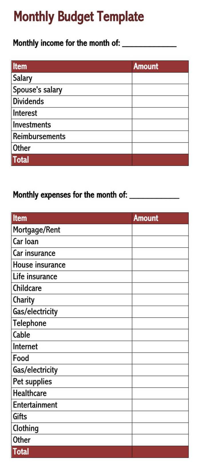 Printable Monthly Budget Worksheet and Template 02 for Excel File