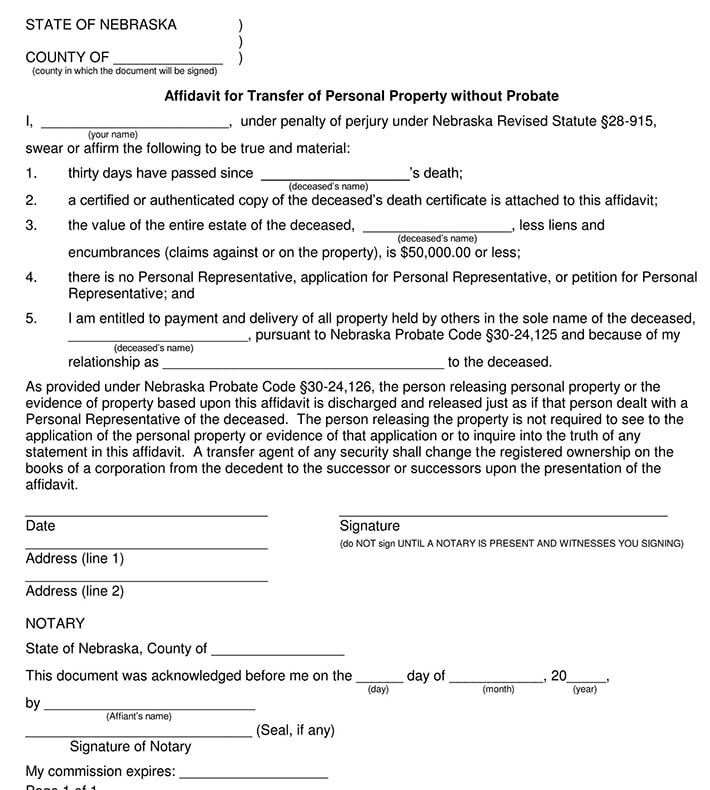 Nebraska Small Estate Affidavit Form