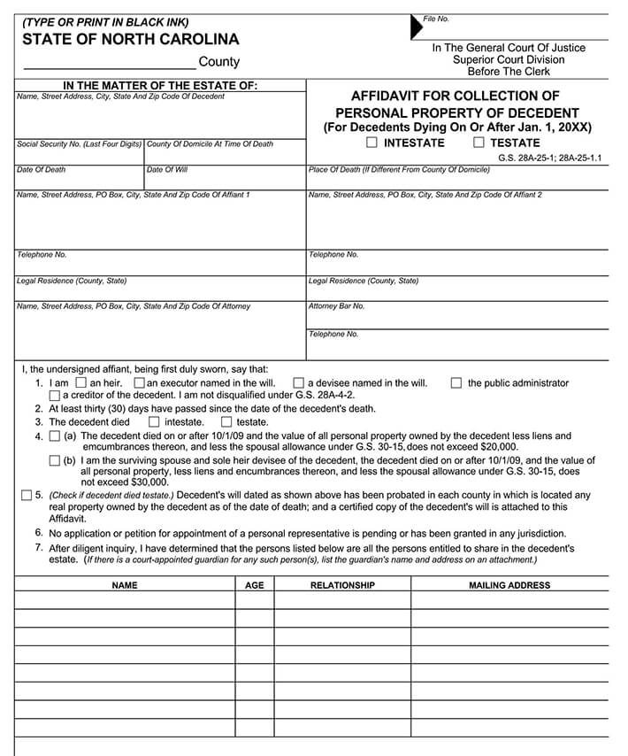 North Carolina Small Estate Affidavit Form