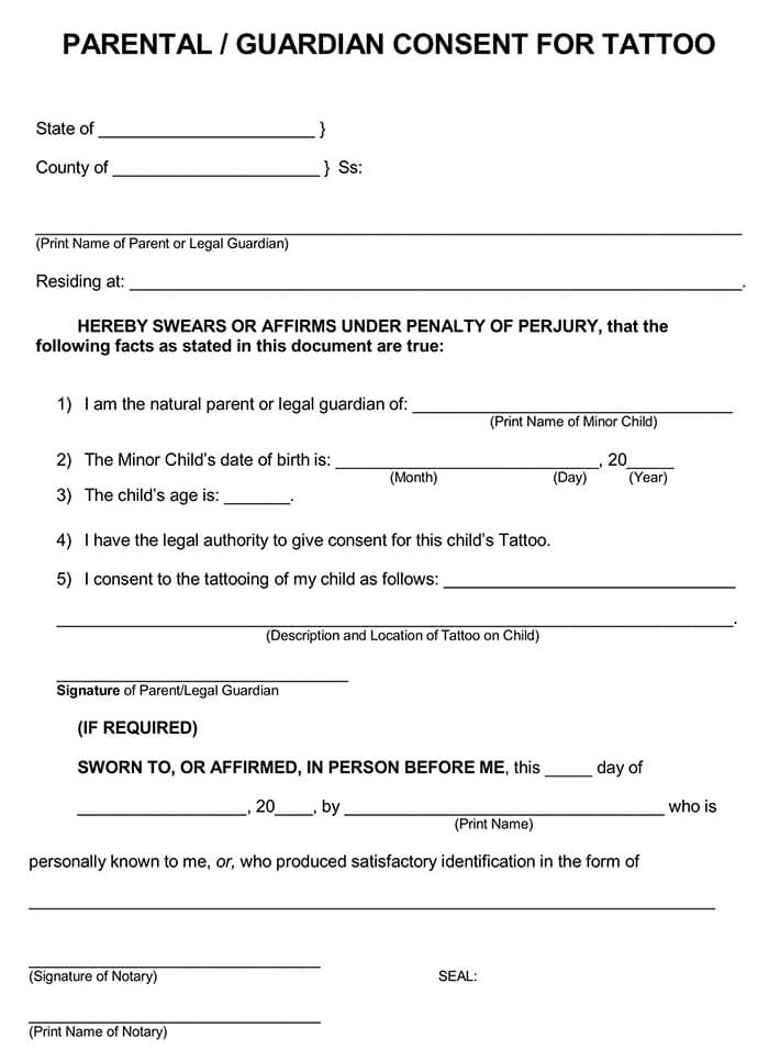 Free Template of Parental Consent Form for A Tattoo