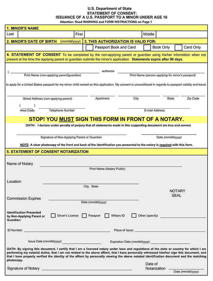 Printable Passport Issuance to a Minor Consent Form Example