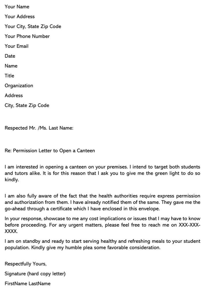 Free Printable Permission Letter to Open a Canteen Email Template in Word Format