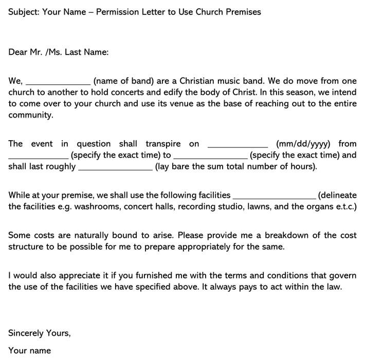 Printable Permission Letter to Use Church Premises Sample 02 for Word