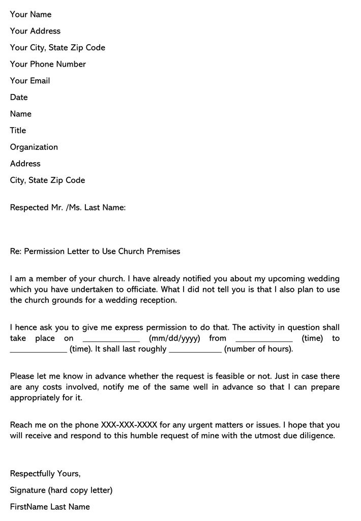 Free Permission Letter to Use Church Premises Sample 01 for Word