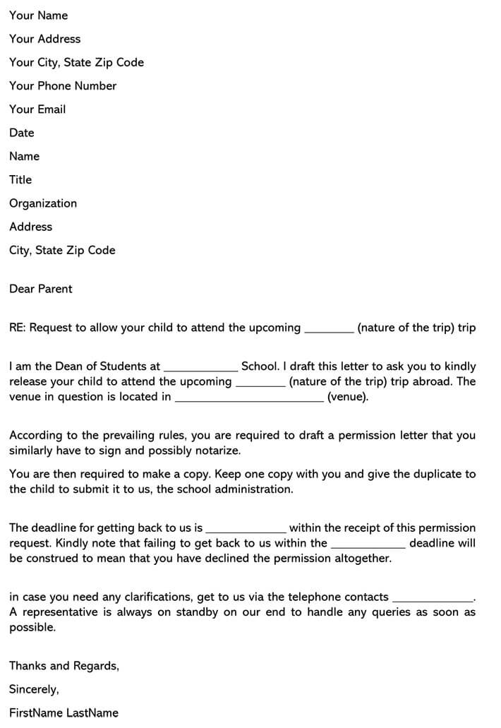 Permission Letter For School Trip Format