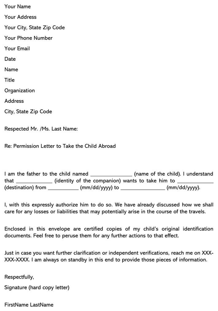 Permission Letter to Take Child Abroad (Sample Letters)
