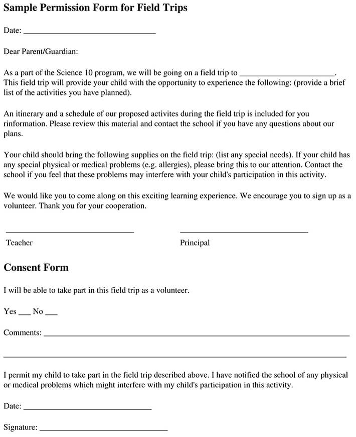 Sample Permission Form for Field Trip