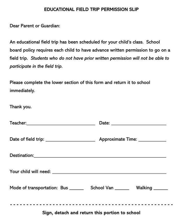 Fillable Slip for Field Trip Permission Form Example