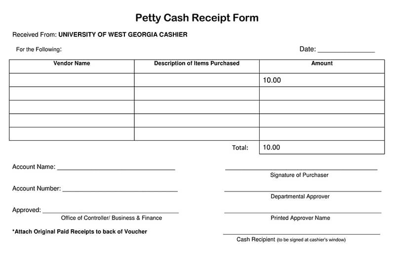 Sample University Petty Cash Receipt Form Example