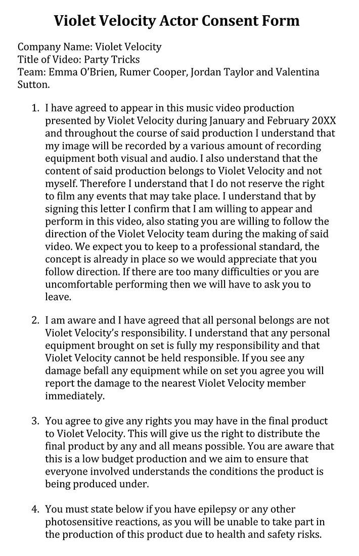 Printable Violet Velocity Actor Consent Form