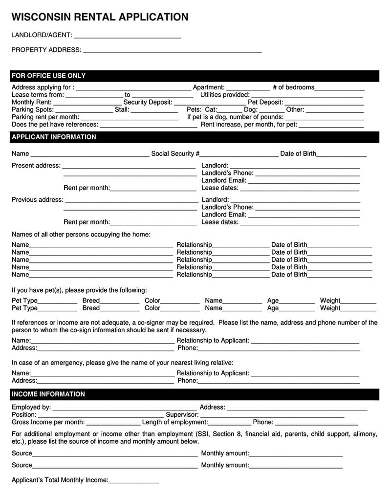 Wisconsin Rental Application Form