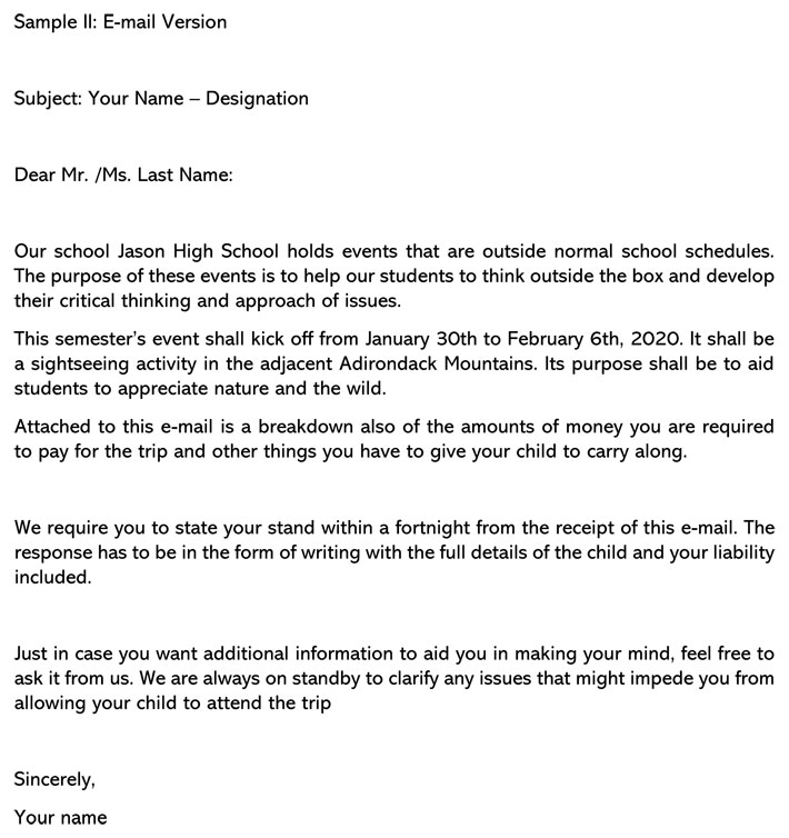 Sample Permission Letter to Take Kid to School Trip