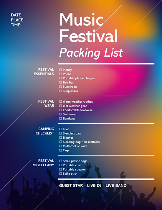 editable Music Festival Packing Checklist template- word format