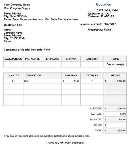 Price Qoutation with Tax Calculation Template