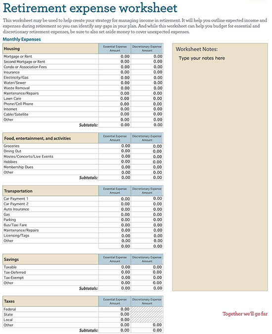 Retirement Expense Excel Worksheet