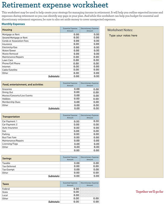 Retirement budget worksheet 