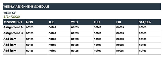 Weekly Assignment Schedule Template
