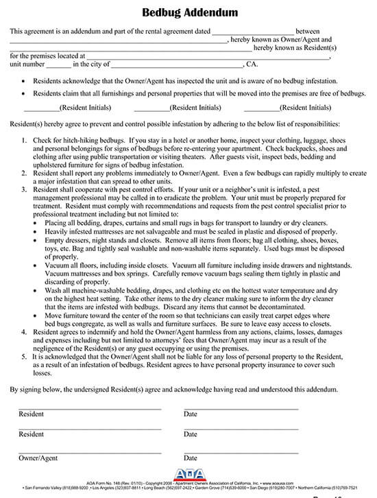 Free Printable Bed Bug Lease Addendum 01 in Word Format