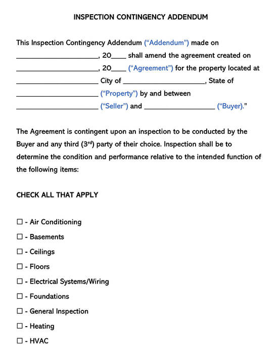 Free Inspection Contingency Lease Addendum Template