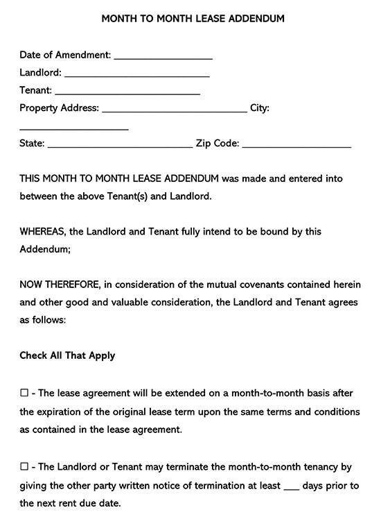 Great Downloadable Month to Month Lease Addendum Template for Word File