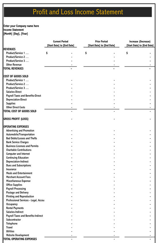 personal profit and loss statement template