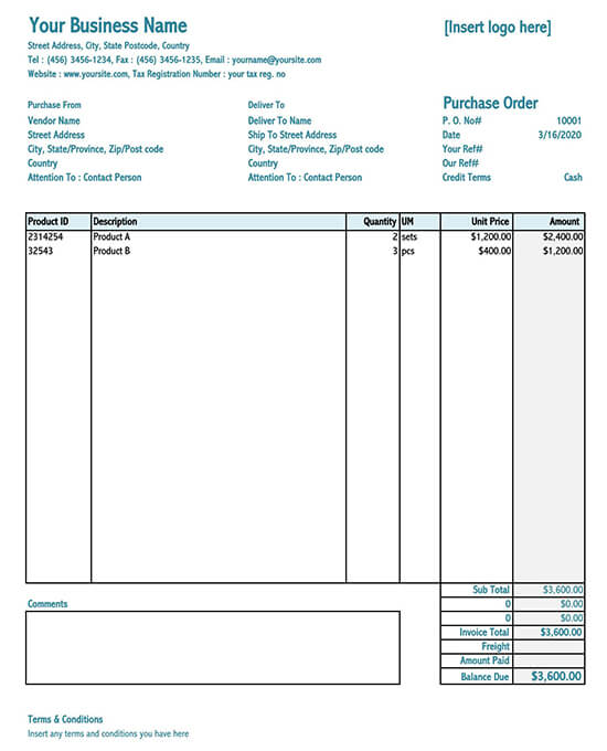purchase order template google docs