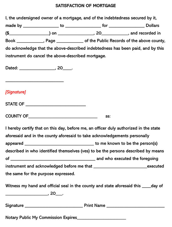 Satisfaction of Mortgage Lien Release Form