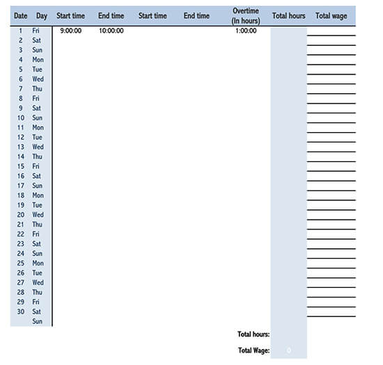 Free Timesheet Template Example for Excel 01