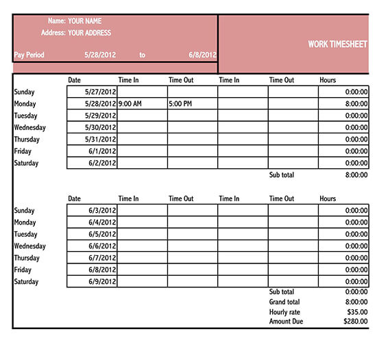 Free Timesheet Template Example for Excel 04