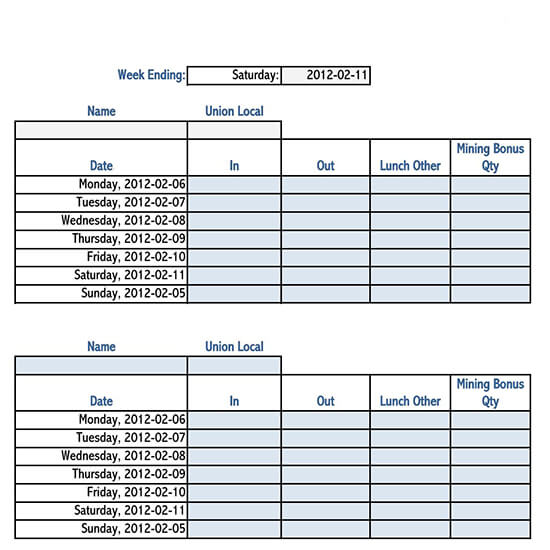 Free Timesheet Template Example for Excel 12
