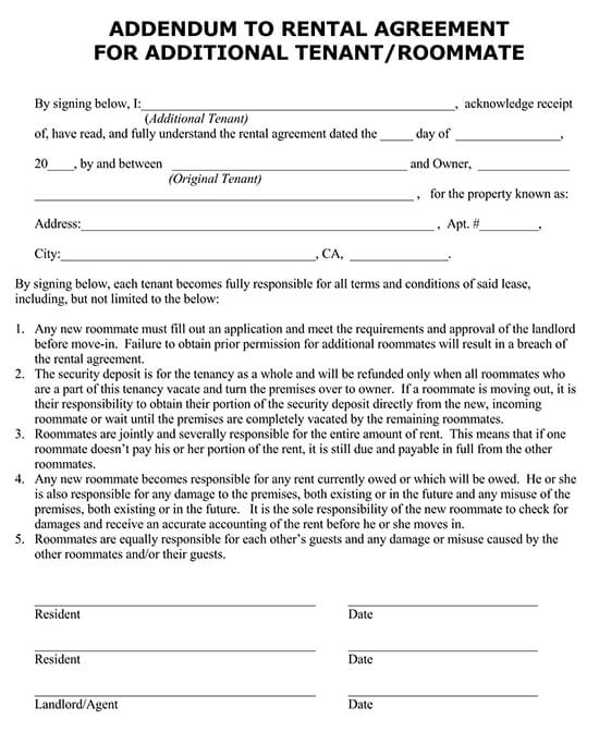 Free Editable Additional Tenant Rental Amendment Agreement Sample for Pdf File