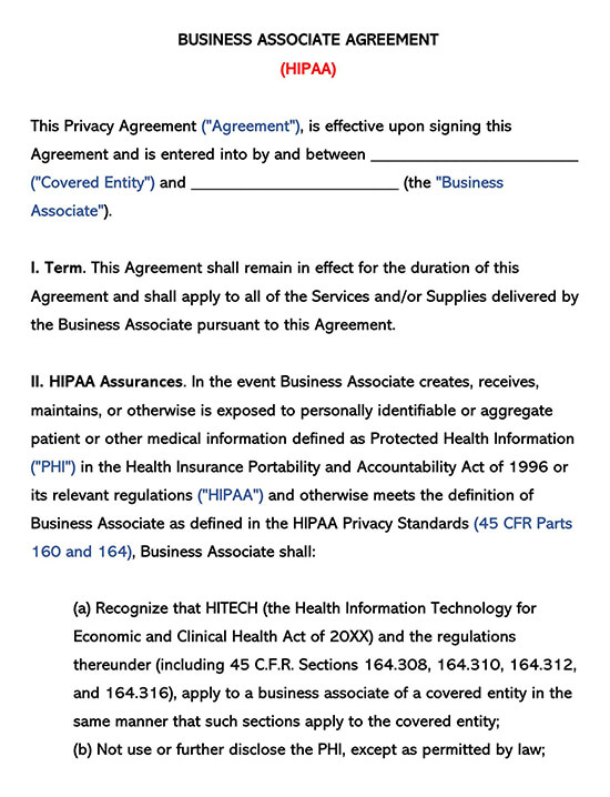 Business Associate Agreement Hipaa Template