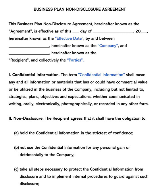 Business Plan Non-Disclosure Agreement - Free Sample