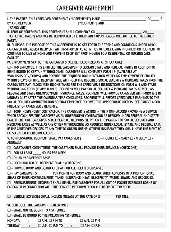 Great Customizable Caregiver Contract Agreement Template 01 for Word Document