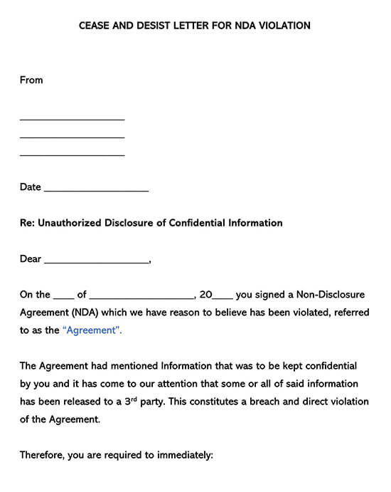 Cease and Desist Letter for Non-Disclosure Violation Template