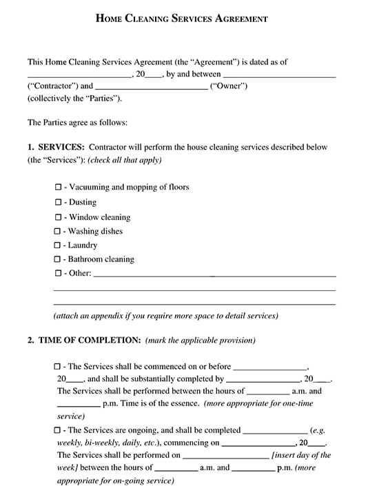 free printable cleaning contract template pdf