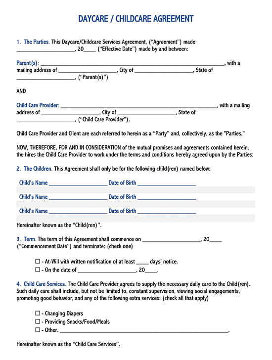 Free Printable Daycare (Child Care) Contract Template 01 as Word Document