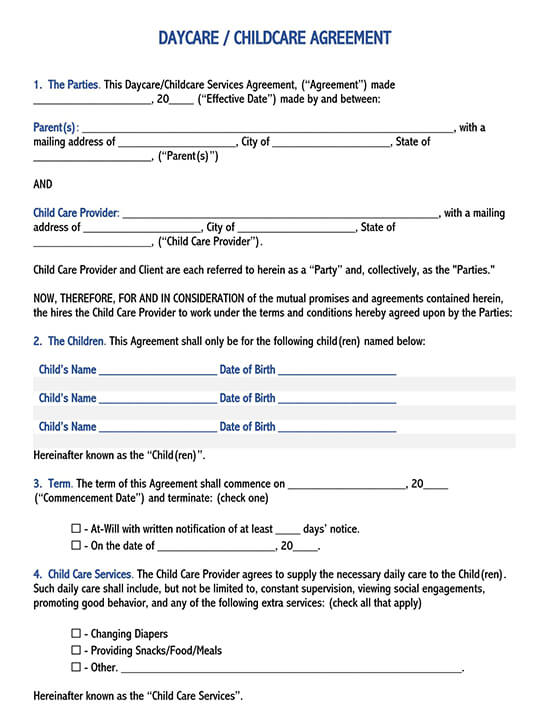 Free Printable Daycare (Child Care) Contract Template 01 for Word Document